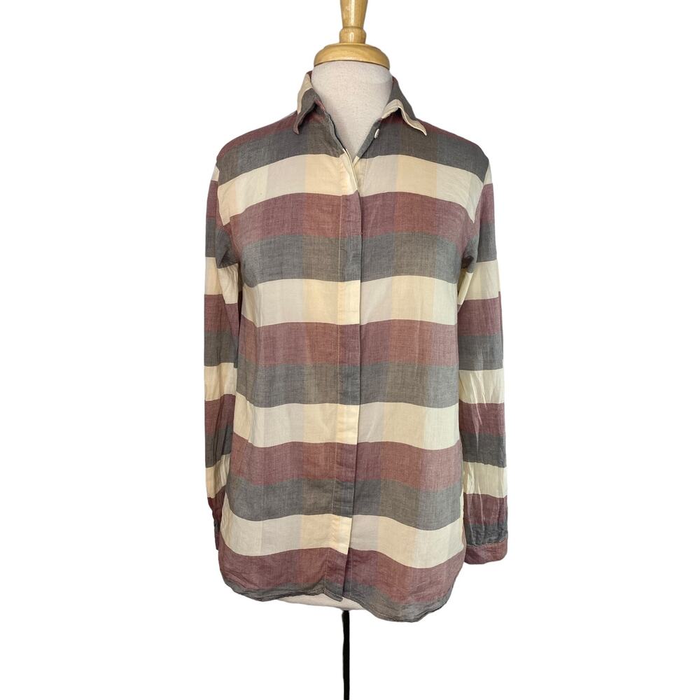 KOWTOW Wide Stripe Red Gray Ivory Button Up Blouse Size XS Womens Organic Cotton